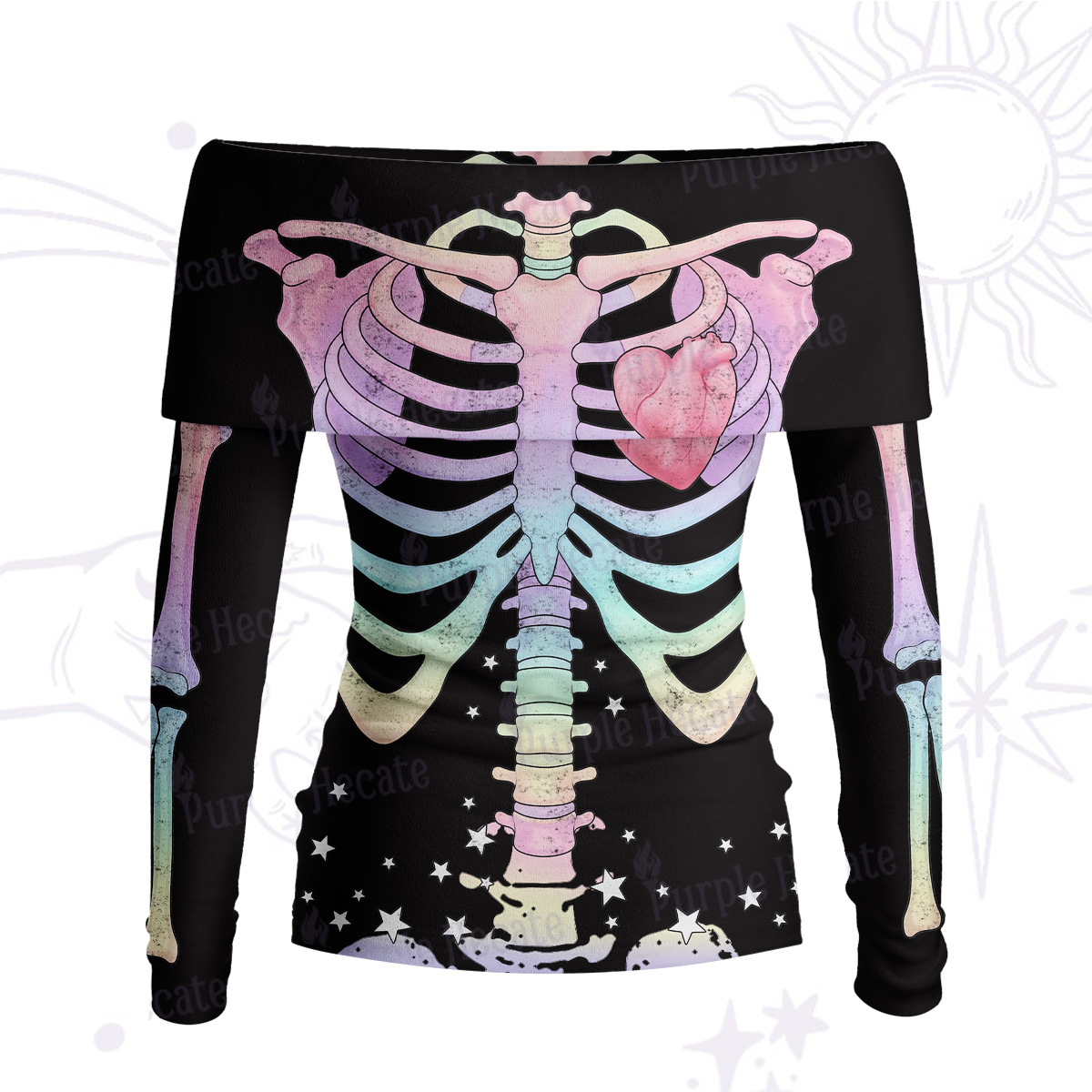 Purplehecate Spooky Skeleton Off Shoulder Long Sleeve Knit Top