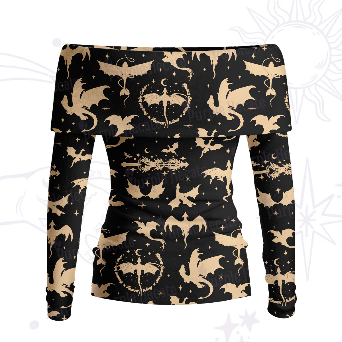 Purplehecate Fantasy Dragon Allover Off Shoulder Long Sleeve Knit Top