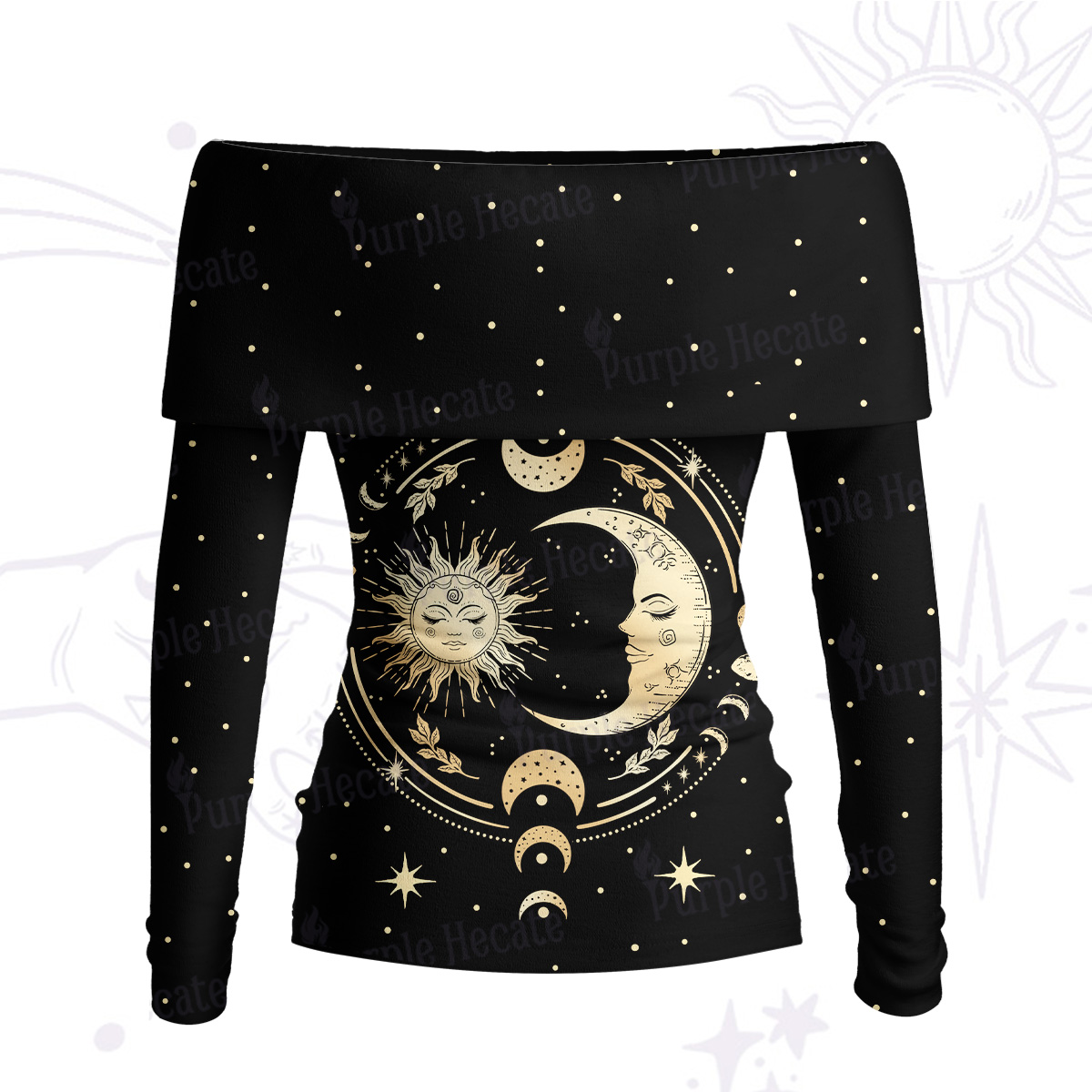 Purplehecate Celestial Sun and Moon Off Shoulder Long Sleeve Knit Top