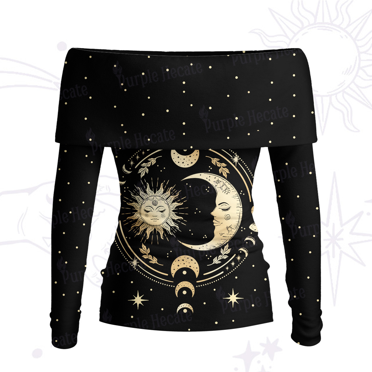 Purplehecate Celestial Sun and Moon Off Shoulder Long Sleeve Knit Top