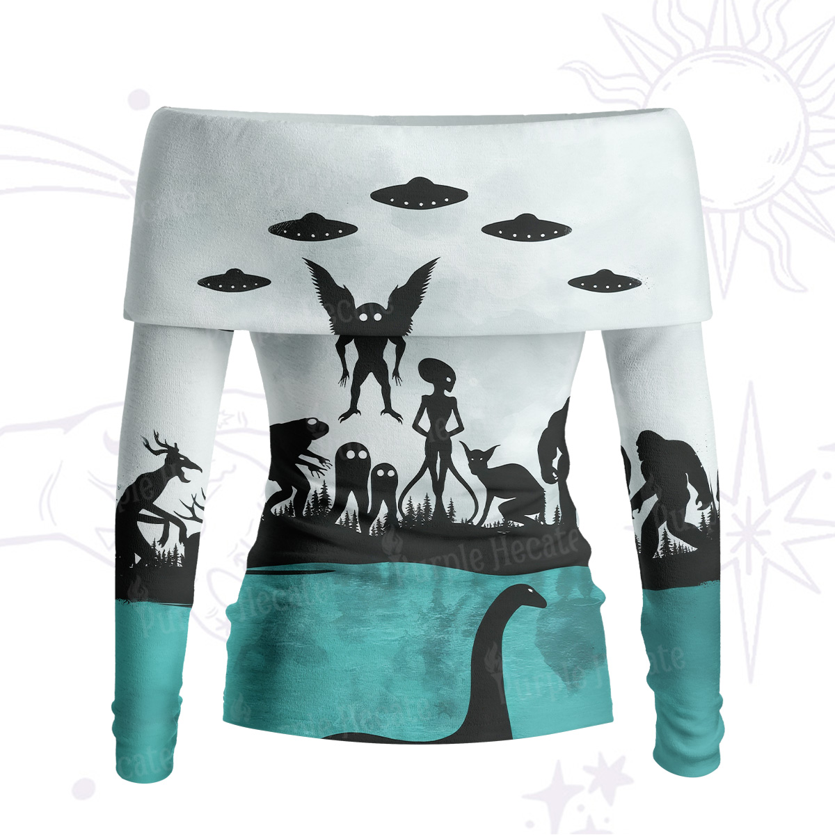 Purplehecate Alien Lake Monster Encounter Off Shoulder Long Sleeve Knit Top