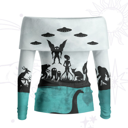 Purplehecate Alien Lake Monster Encounter Off Shoulder Long Sleeve Knit Top