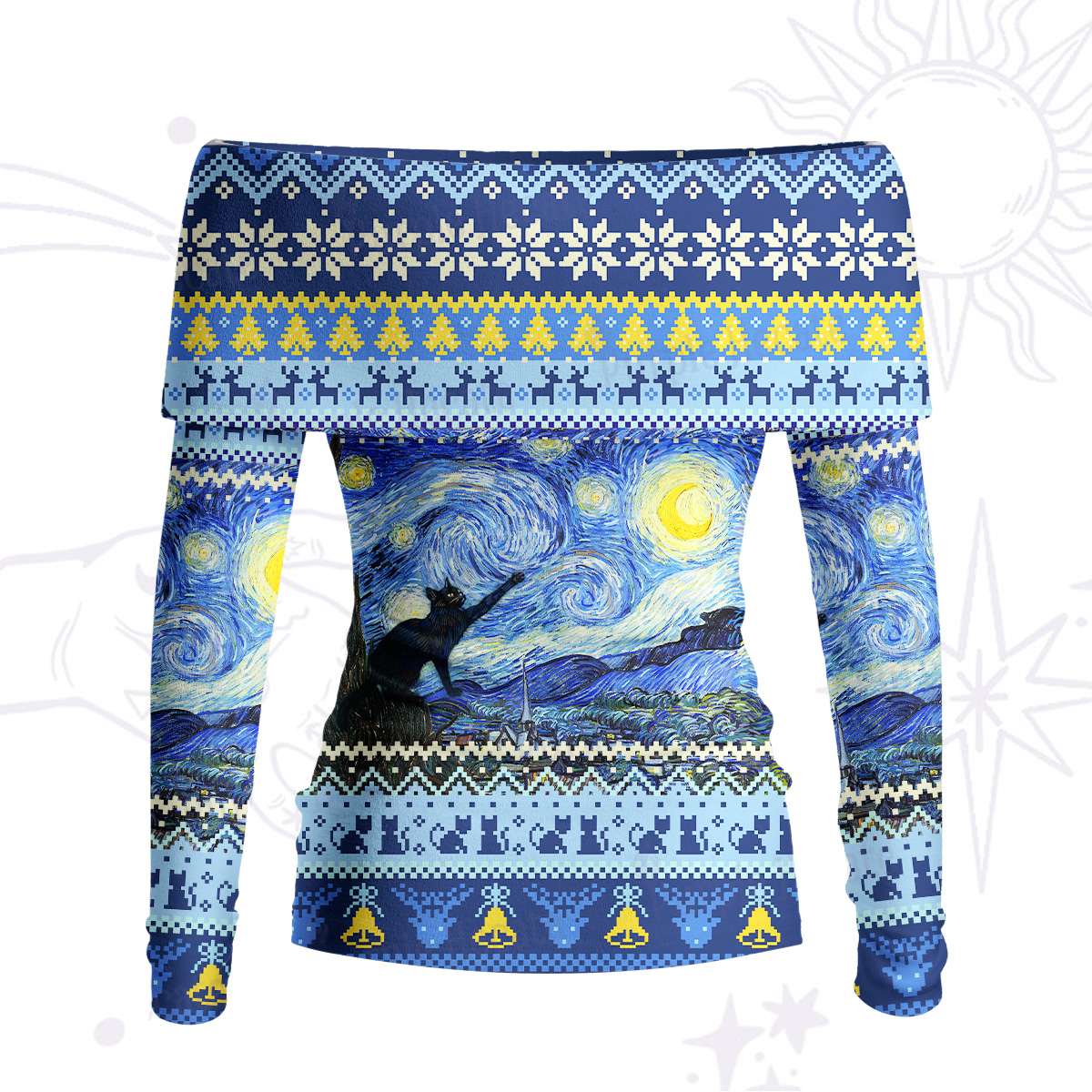 Purplehecate Witch Cat Under the Starry Night Off Shoulder Long Sleeve Knit Top