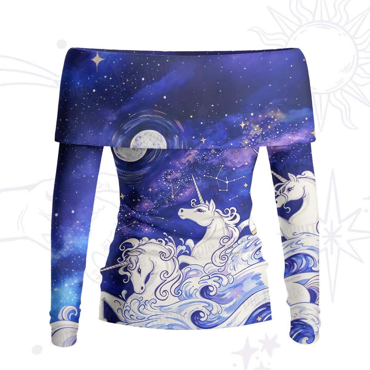 Purplehecate Celestial Sea Unicorn Night Sky Off Shoulder Long Sleeve Knit Top