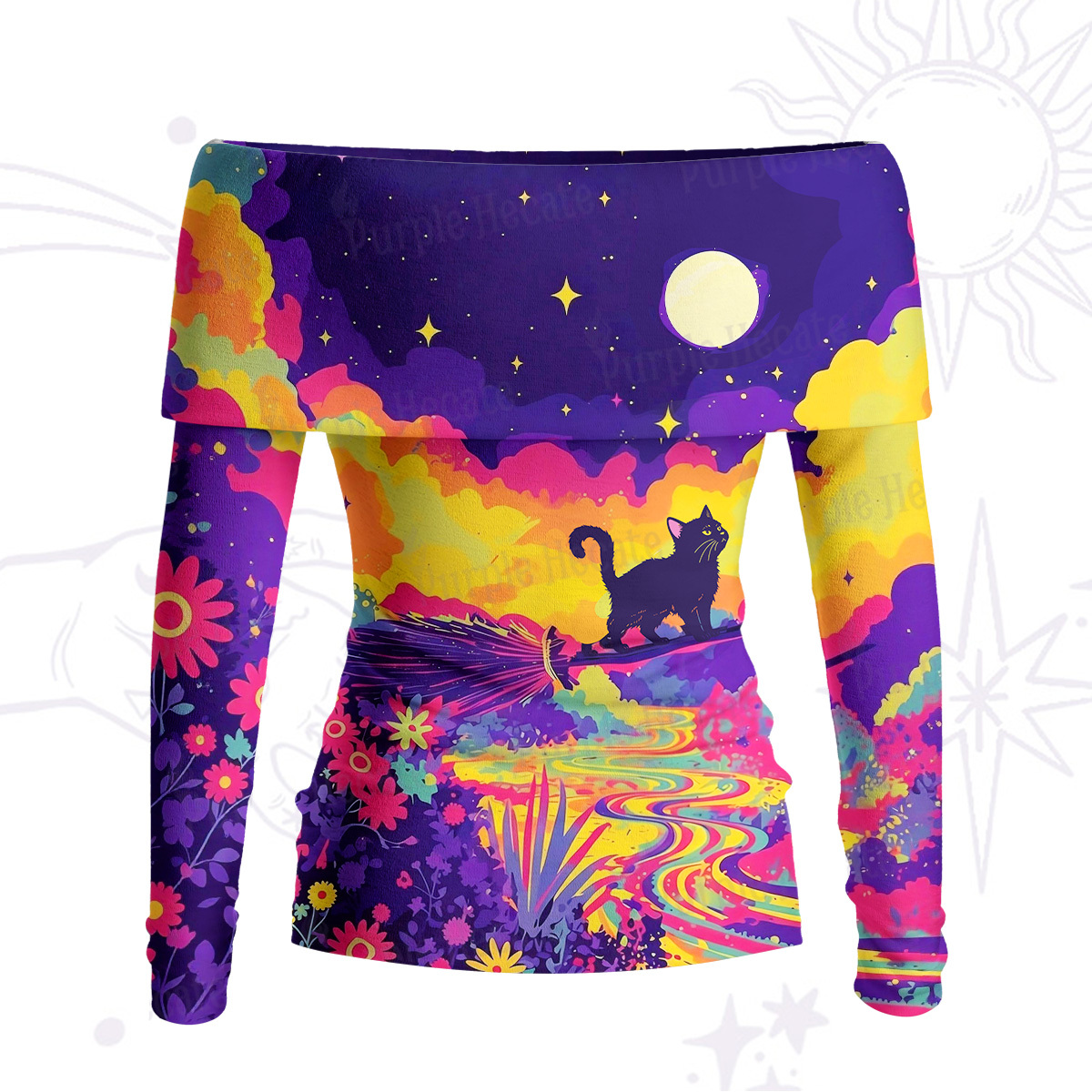 Purplehecate Midnight Cosmic Cat Fantasy Off Shoulder Long Sleeve Knit Top