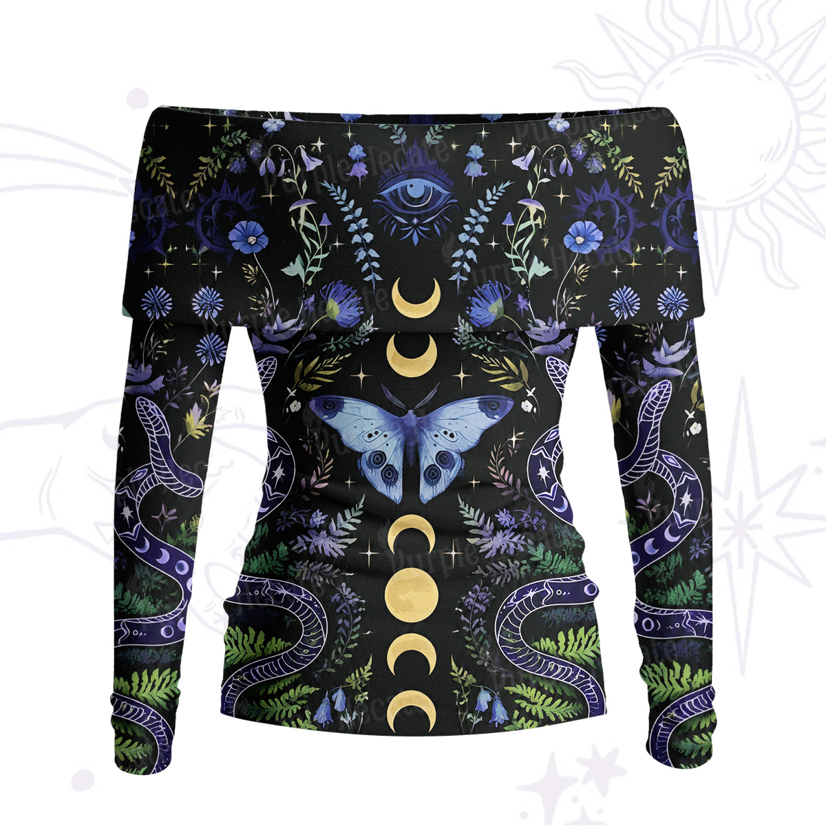 Purplehecate Moon Moth Witchery Off Shoulder Long Sleeve Knit Top