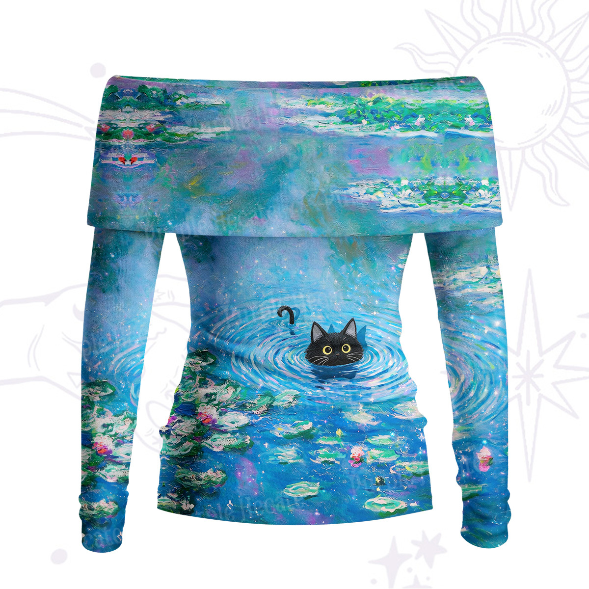 Purplehecate Black Cat in the Water Lilies Off Shoulder Long Sleeve Knit Top