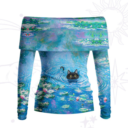 Purplehecate Black Cat in the Water Lilies Off Shoulder Long Sleeve Knit Top