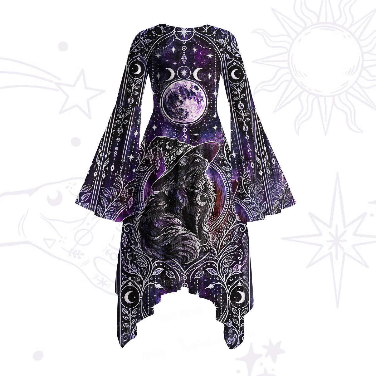 Purplehecate Moonlit Praying Cat Magic Bell Sleeve Dress