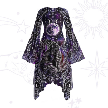 Purplehecate Moonlit Praying Cat Magic Bell Sleeve Dress