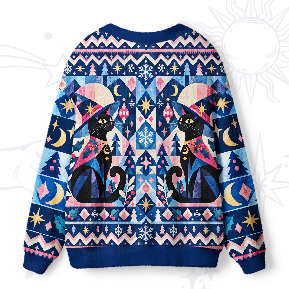 Purplehecate Winter Geometric Black Cat Ugly Cardigan Sweaters