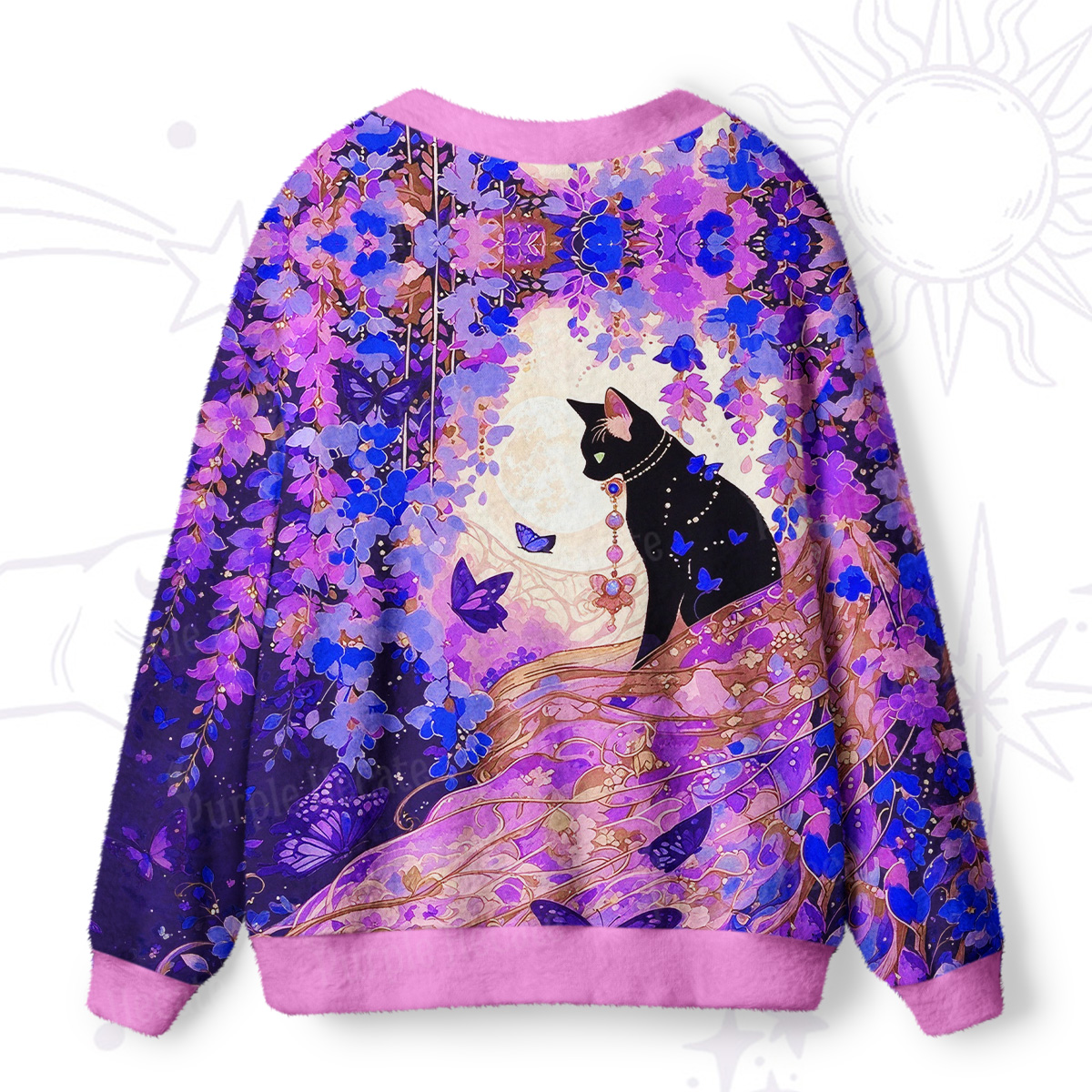 Purplehecate Mystic Cat in Wisteria Bloom Ugly Cardigan Sweaters