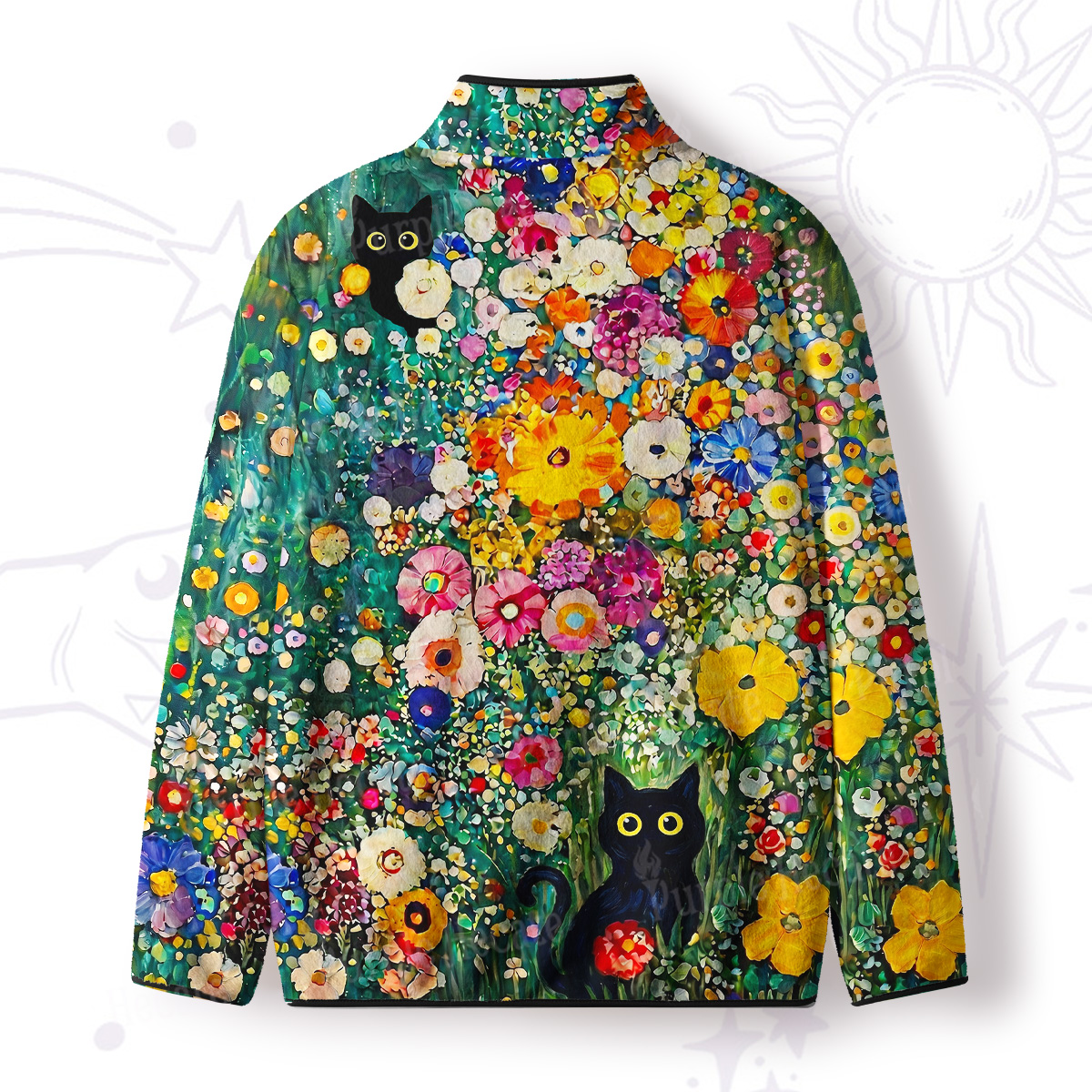 Purplehecate Fluffy Black Cat in Colorful Flower Field Full Zip Fleece Jacket