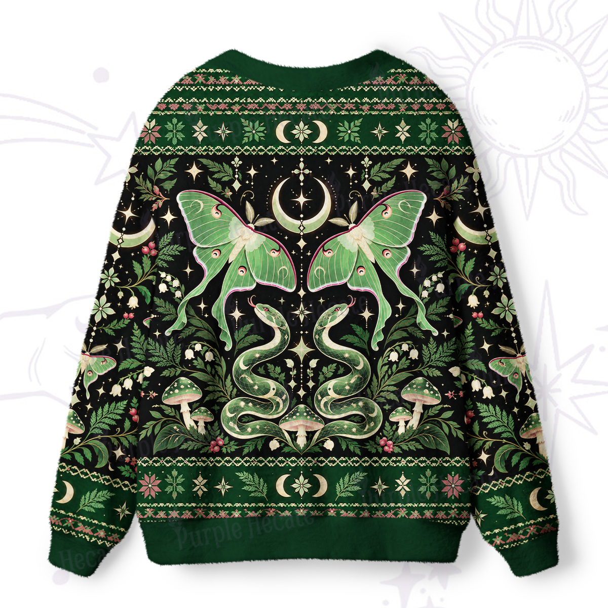 Purplehecate Luna Moth and Snake Forest Green Ugly Cardigan Sweaters