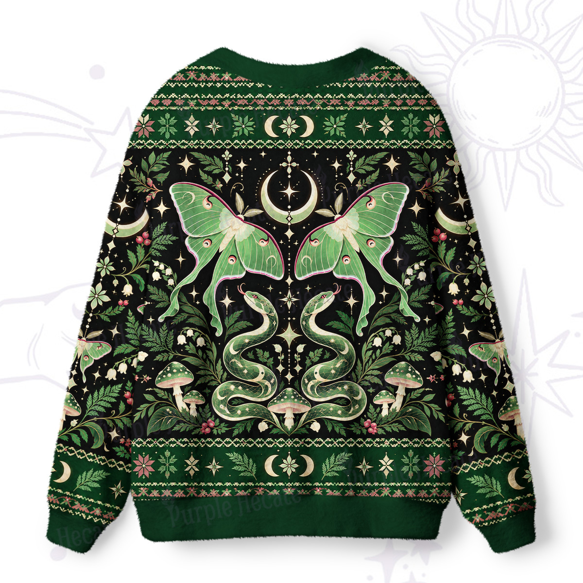 Purplehecate Luna Moth and Snake Forest Green Ugly Cardigan Sweaters