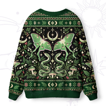 Purplehecate Luna Moth and Snake Forest Green Ugly Cardigan Sweaters