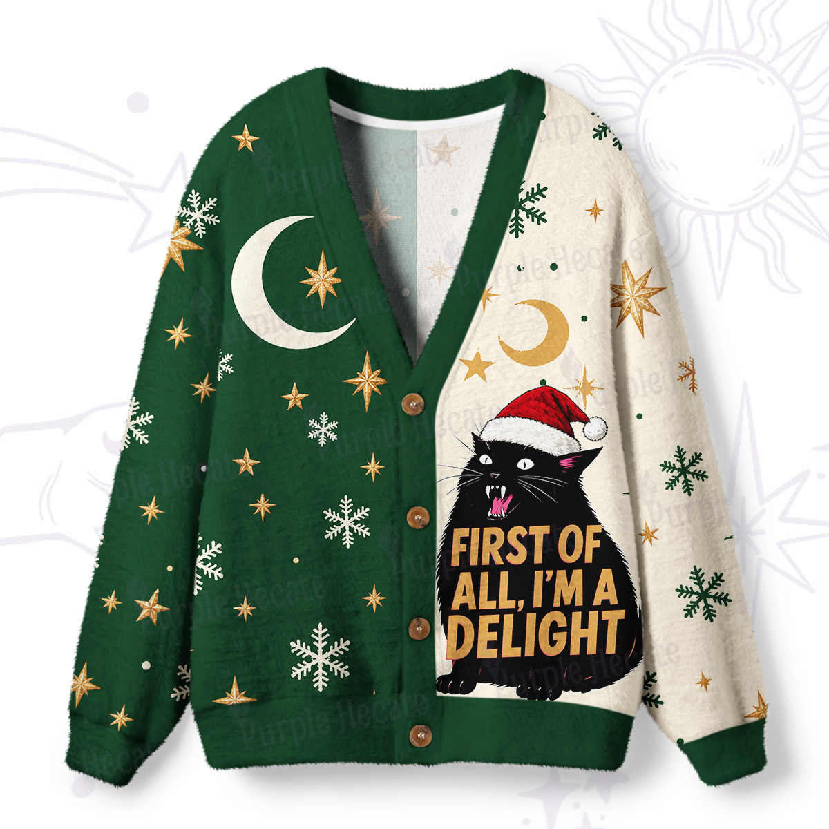 Purplehecate First Of All I'm A Delight Cat Christmas Ugly Cardigan Sweaters