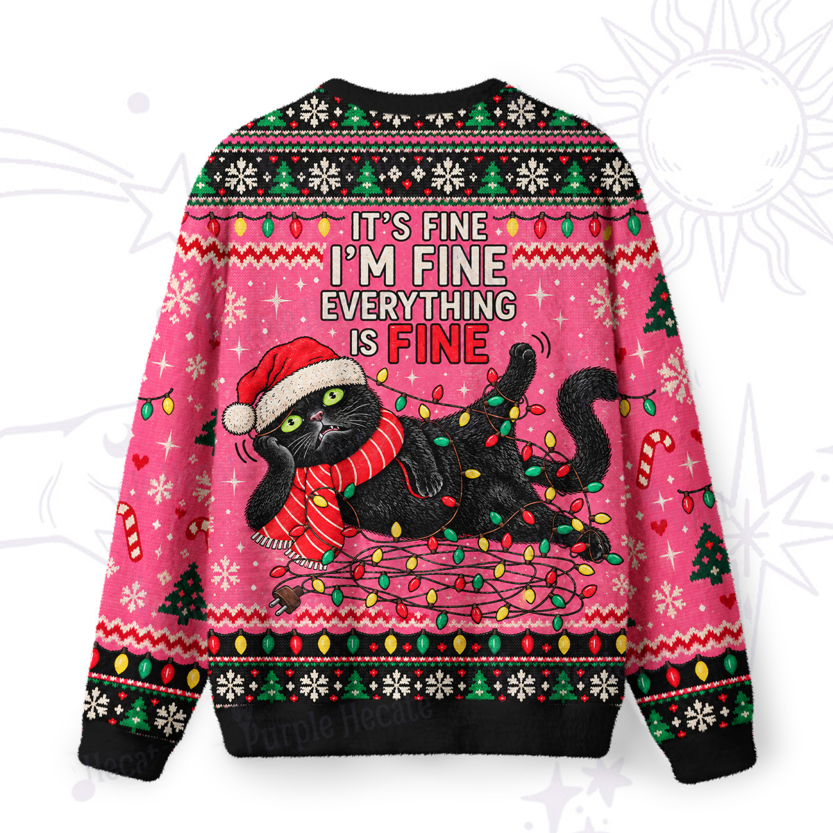 Purplehecate It's Fine I'm Fine Black Cat Christmas Fuzzy Ugly Sweatshirt