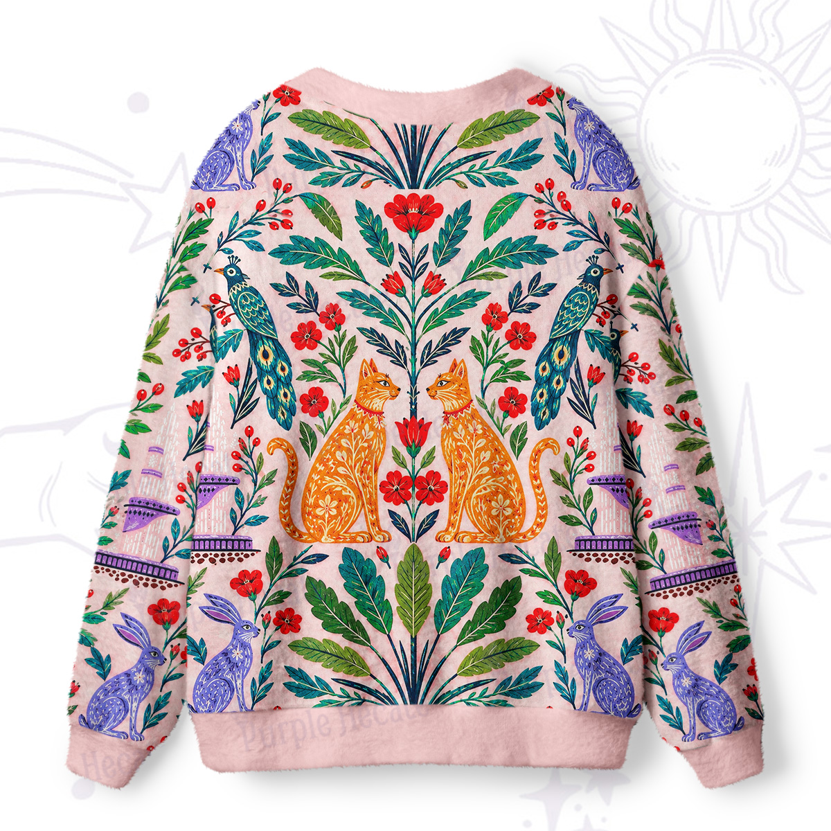 Purplehecate Vintage Folk Art Cat and Peacock Ugly Cardigan Sweaters