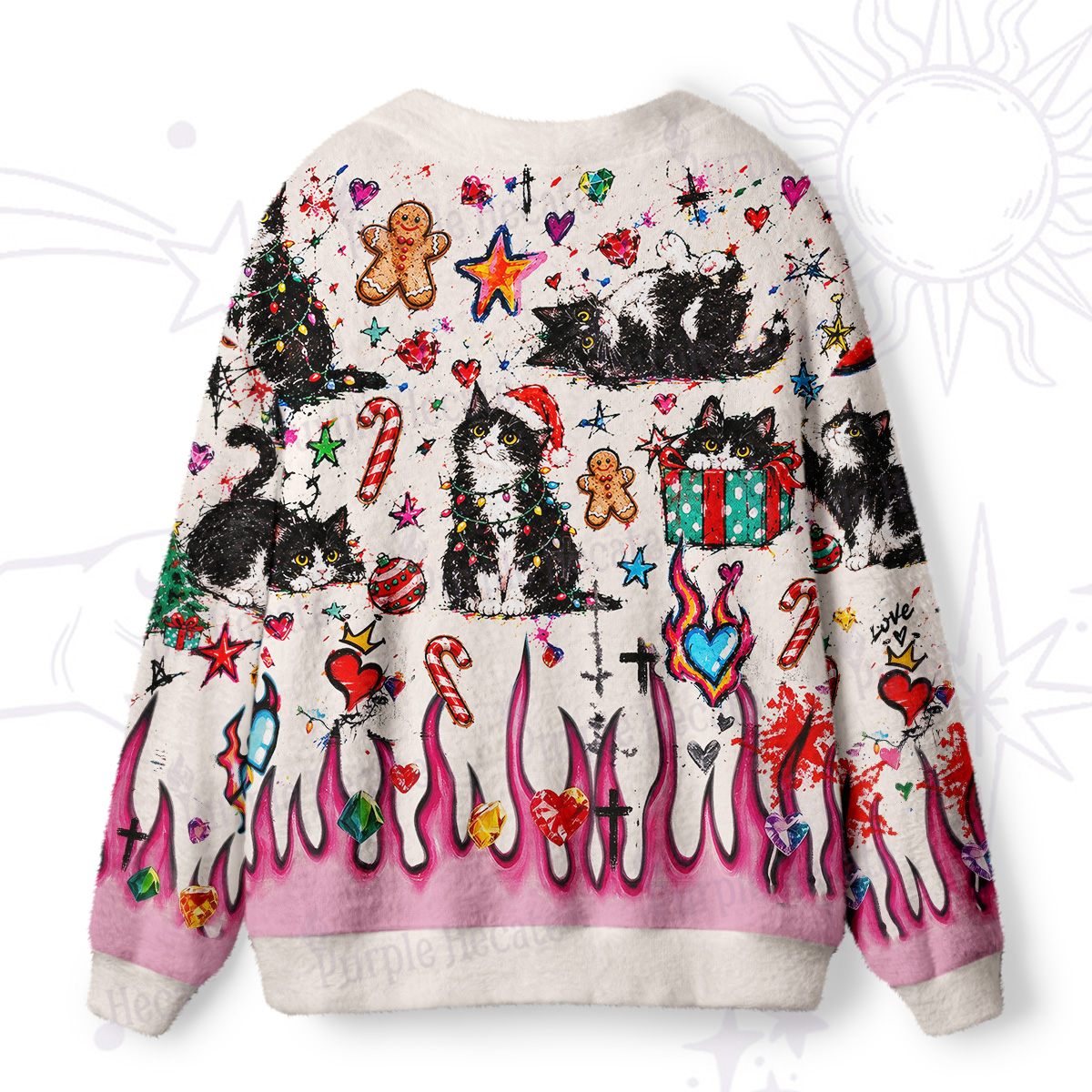 Purplehecate Funny Flame Black Cat Christmas Graffiti Ugly Cardigan Sweaters