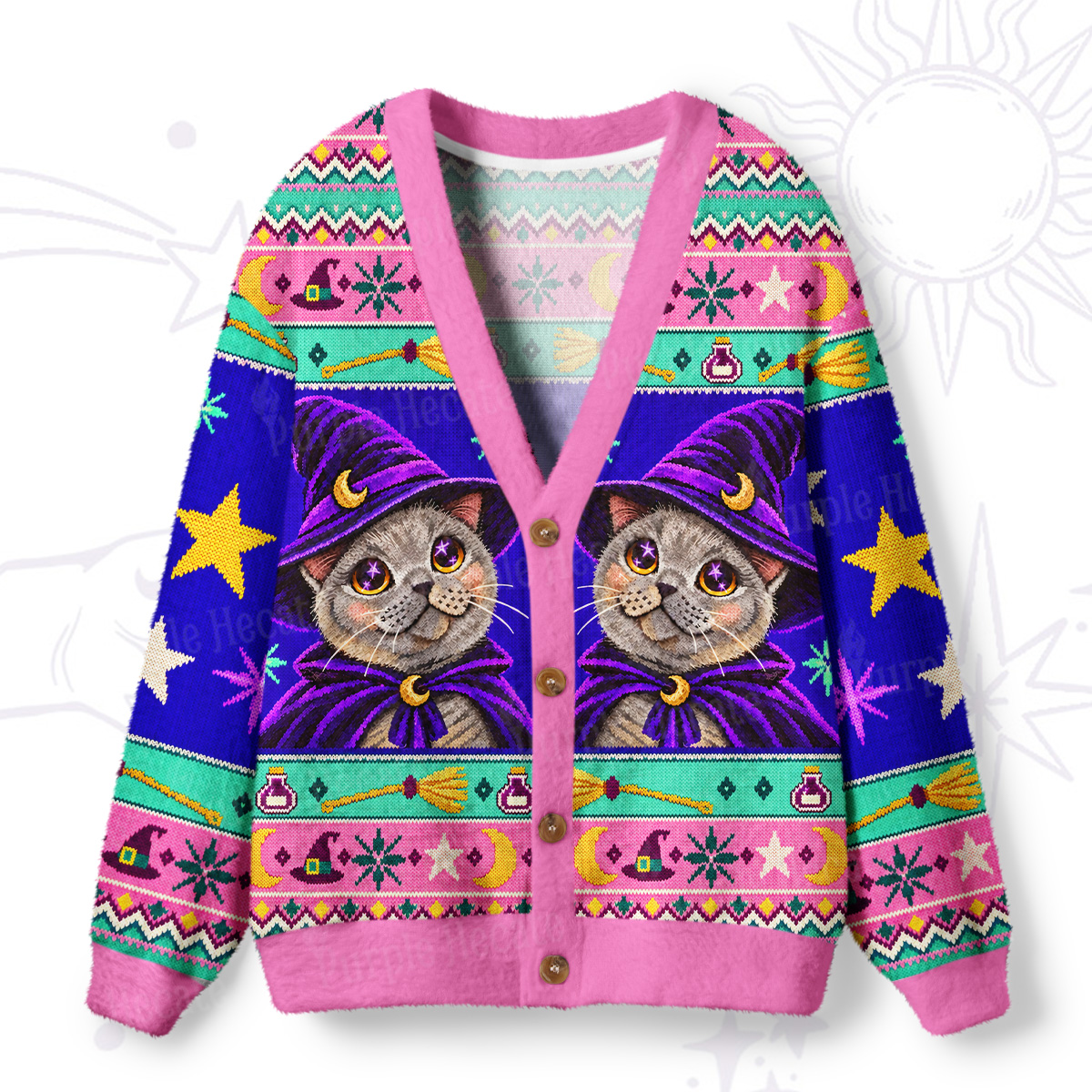 Purplehecate Celestial Stars Witch Cat Ugly Cardigan Sweaters