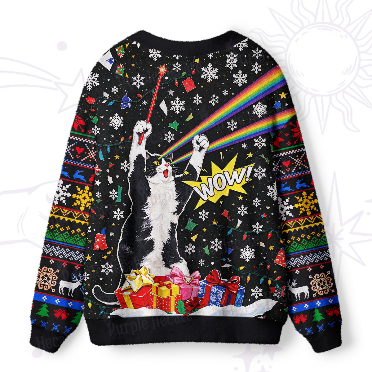 Purplehecate Rainbow Laser Eyes Cat Christmas Ugly Cardigan Sweaters