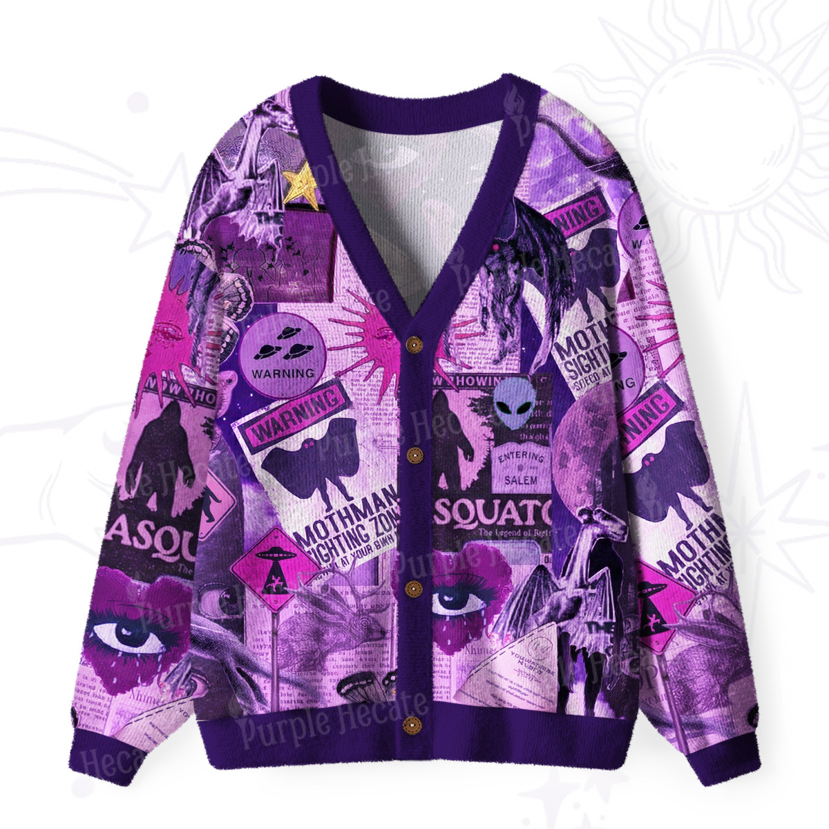 Purplehecate Cryptid Warning Collage Ugly Cardigan Sweaters