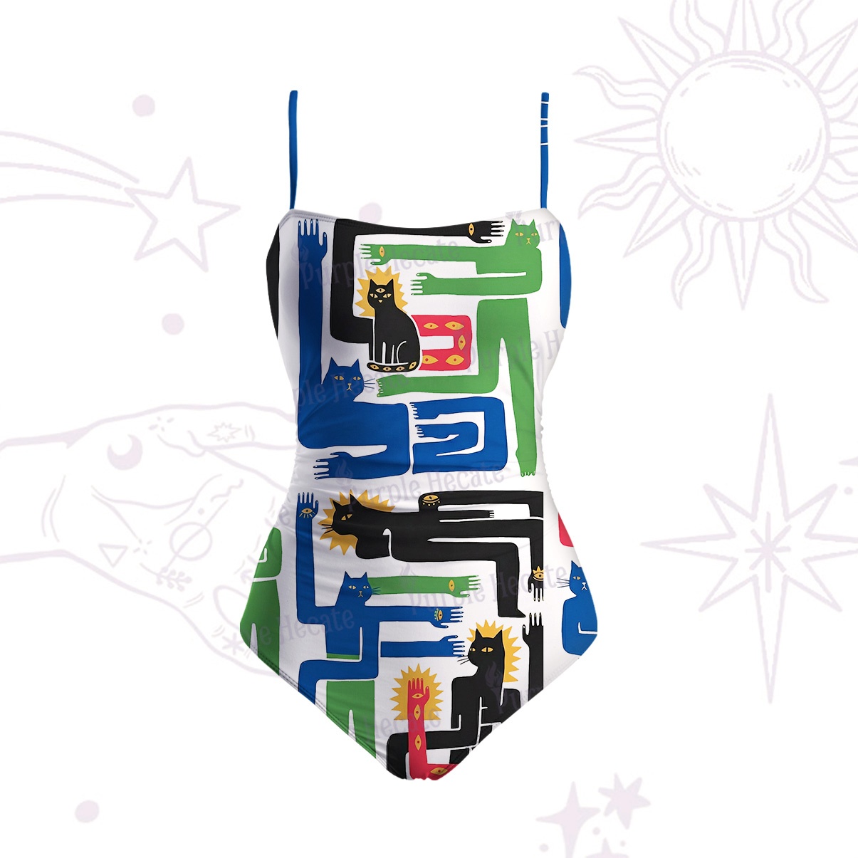 Purplehecate Whimsical Abstract Cat Slim-Strap Swimsuit