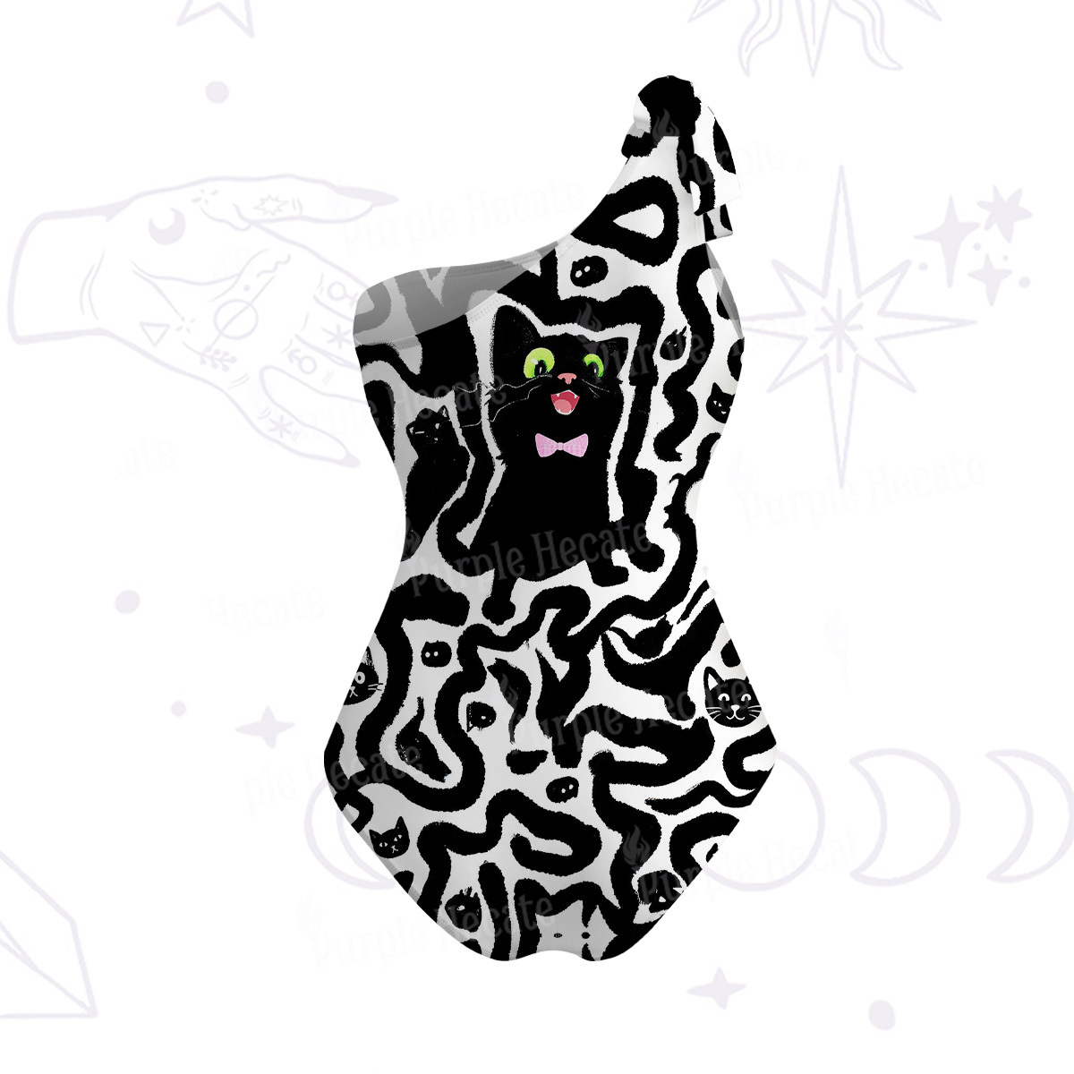 Purplehecate Black Cat One-Shoulder One-Piece Swimsuit