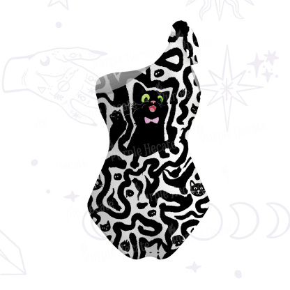 Purplehecate Black Cat One-Shoulder One-Piece Swimsuit