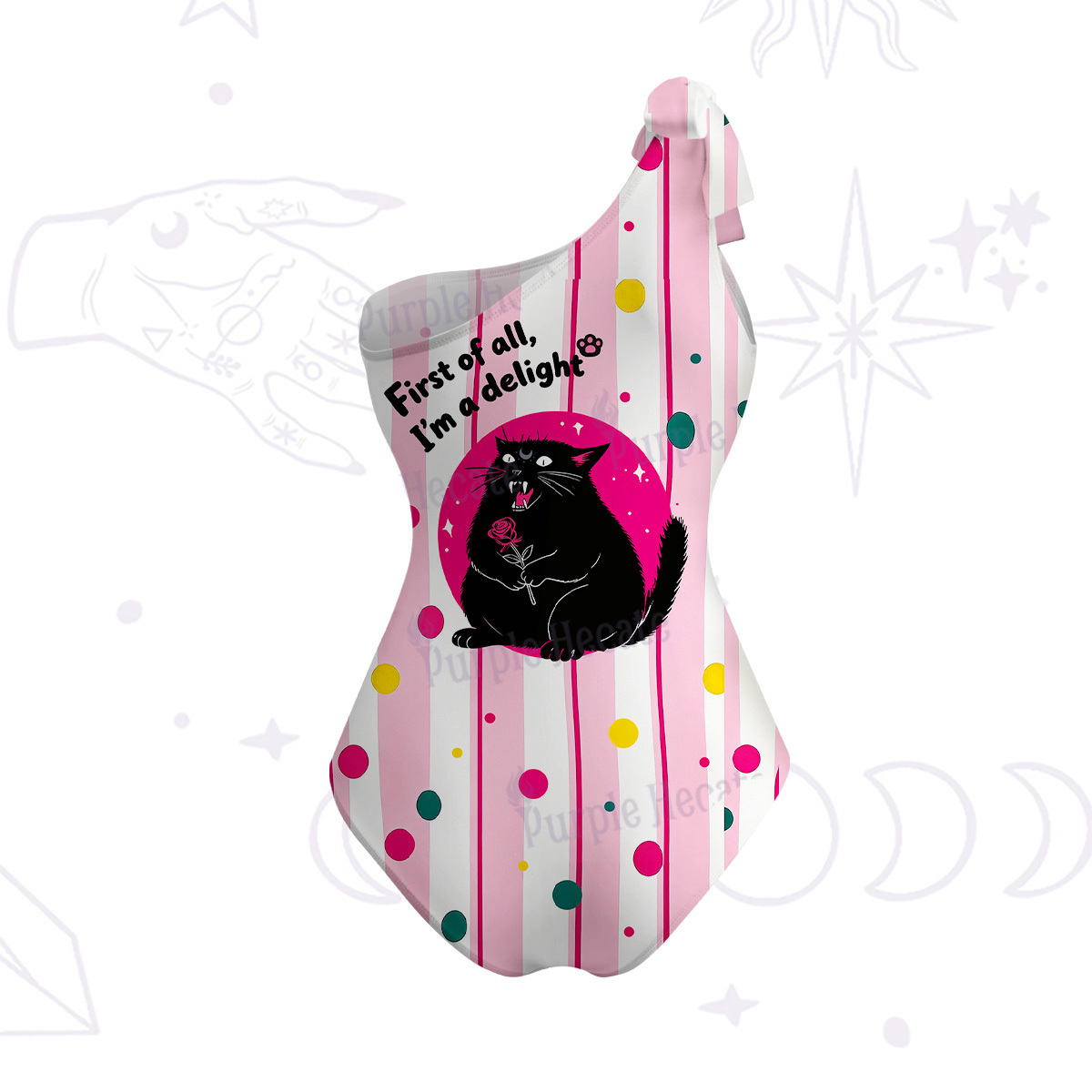Purplehecate First Of All I'm A Delight Cat One-Shoulder One-Piece Swimsuit