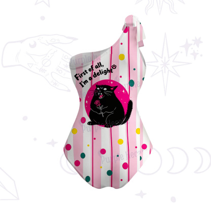 Purplehecate First Of All I'm A Delight Cat One-Shoulder One-Piece Swimsuit