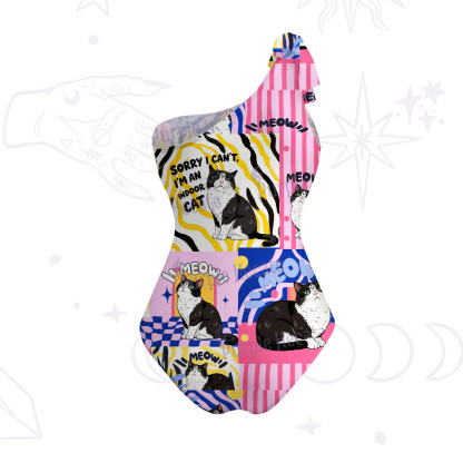 Purplehecate Sorry I Can't Go I'm an Indoor Cat One-Shoulder One-Piece Swimsuit