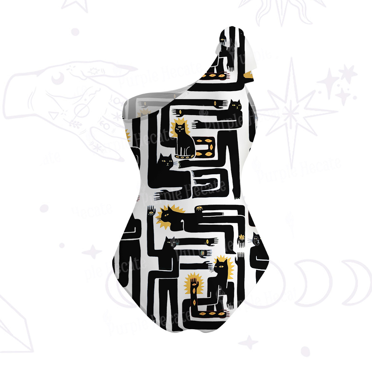 Purplehecate Whimsical Abstract Cat One-Shoulder One-Piece Swimsuit