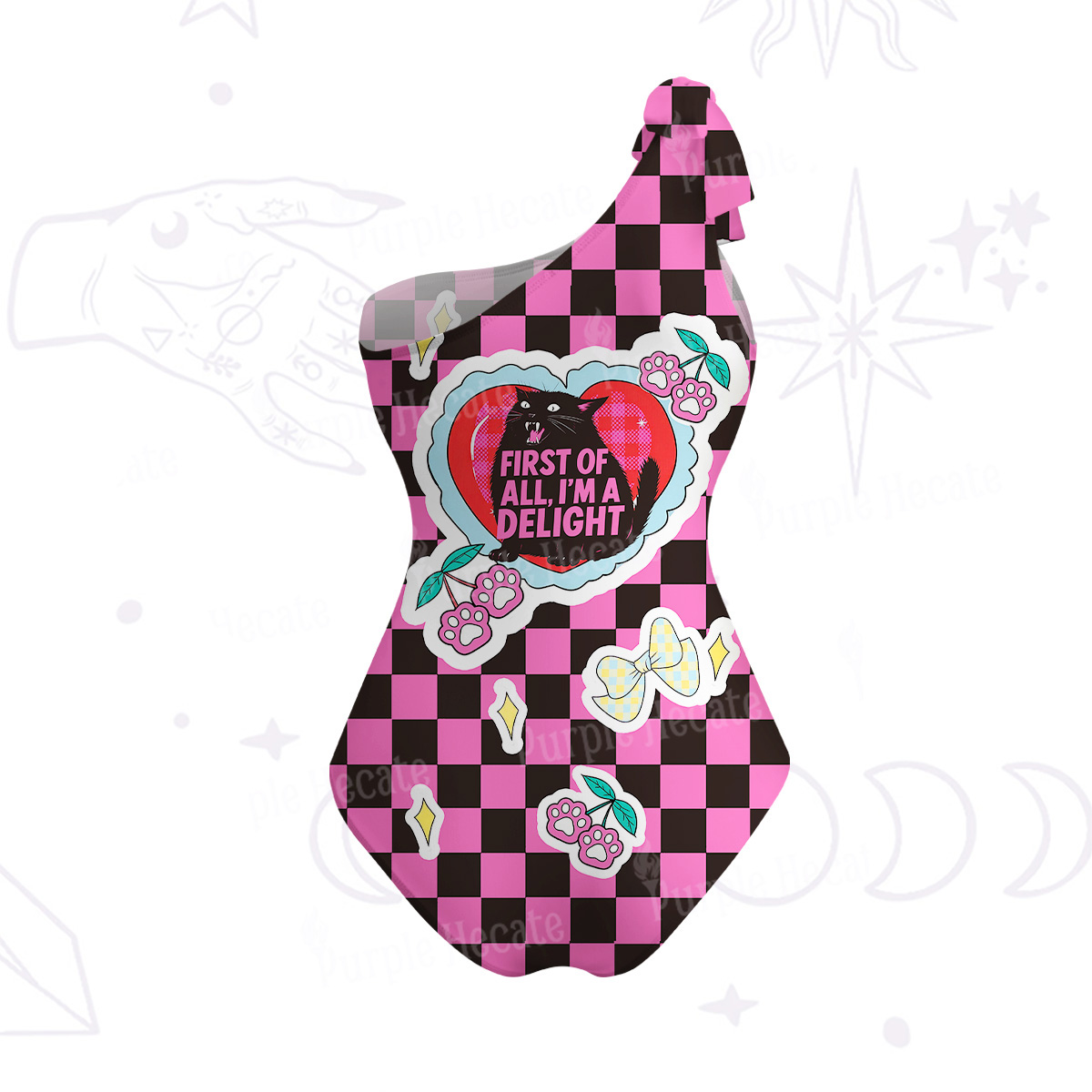 Purplehecate First Of All I'm A Delight Cat One-Shoulder One-Piece Swimsuit
