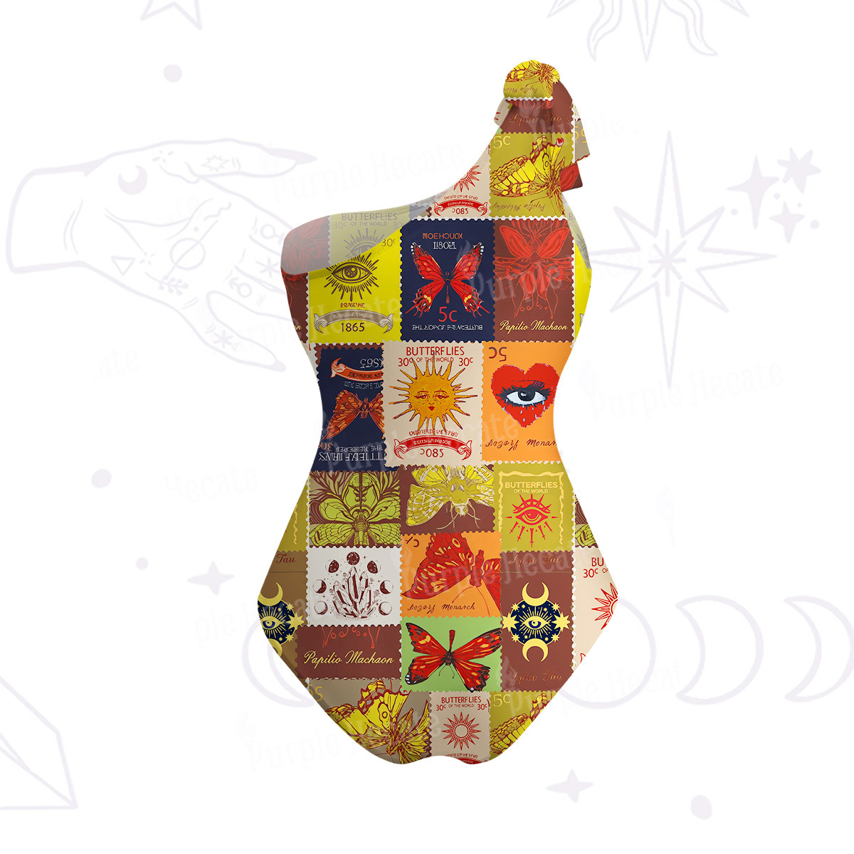 Purplehecate Butterfly Celestial Patchwork One-Shoulder One-Piece Swimsuit