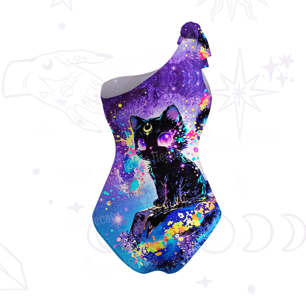 Purplehecate Neon Galaxy Cat Fantasy One-Shoulder One-Piece Swimsuit