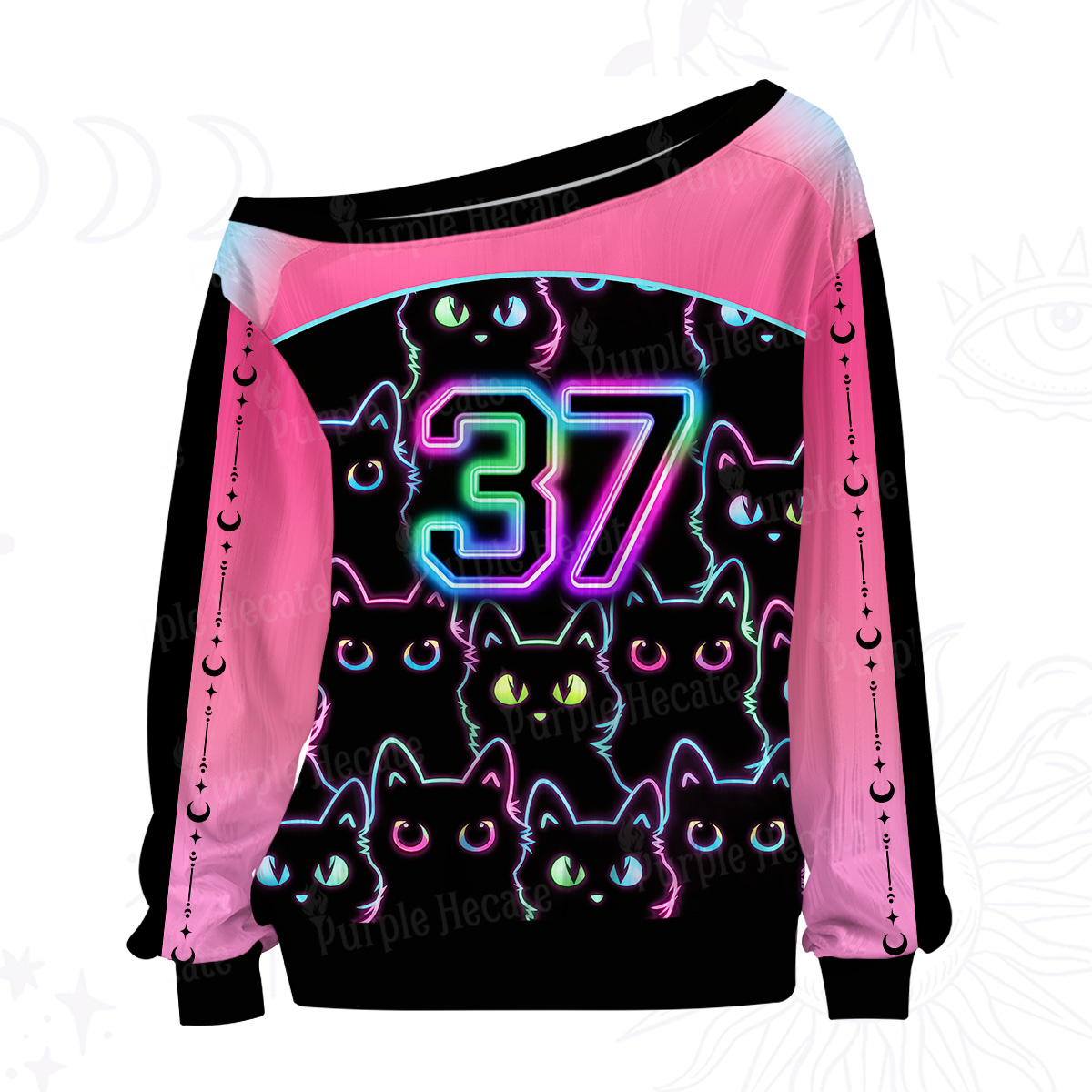 Purplehecate Neon Glow Stacked Cats Off The Shoulder Graphic Jersey