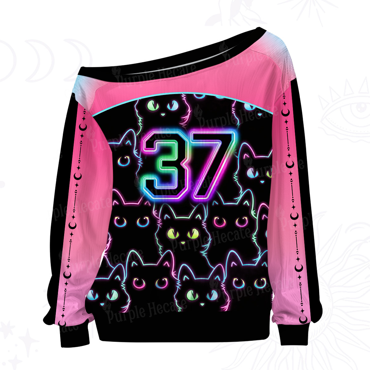 Purplehecate Neon Glow Stacked Cats Off The Shoulder Graphic Jersey