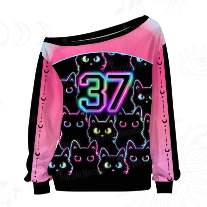 Purplehecate Neon Glow Stacked Cats Off The Shoulder Graphic Jersey