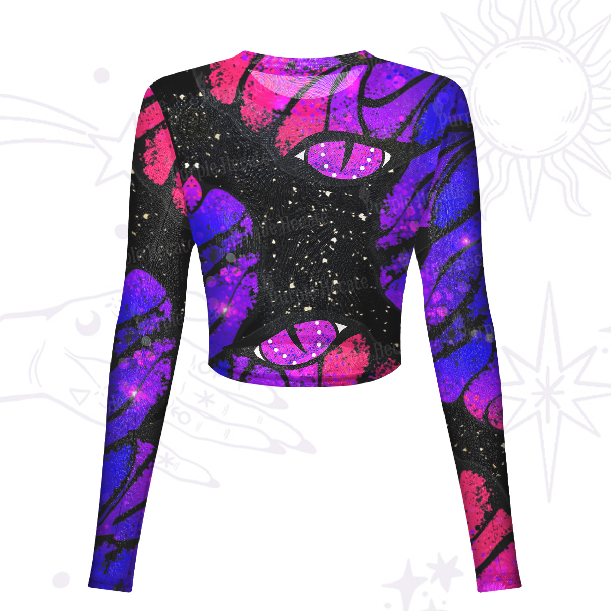 Purplehecate Starry-Eyed Butterfly Mesh Long Sleeve Crop Top