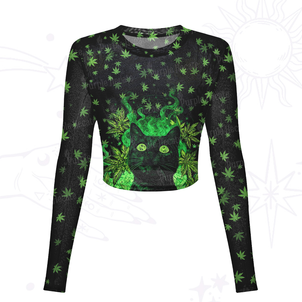 Purplehecate Trippy Glow Cat 420 Vibes Mesh Long Sleeve Crop Top