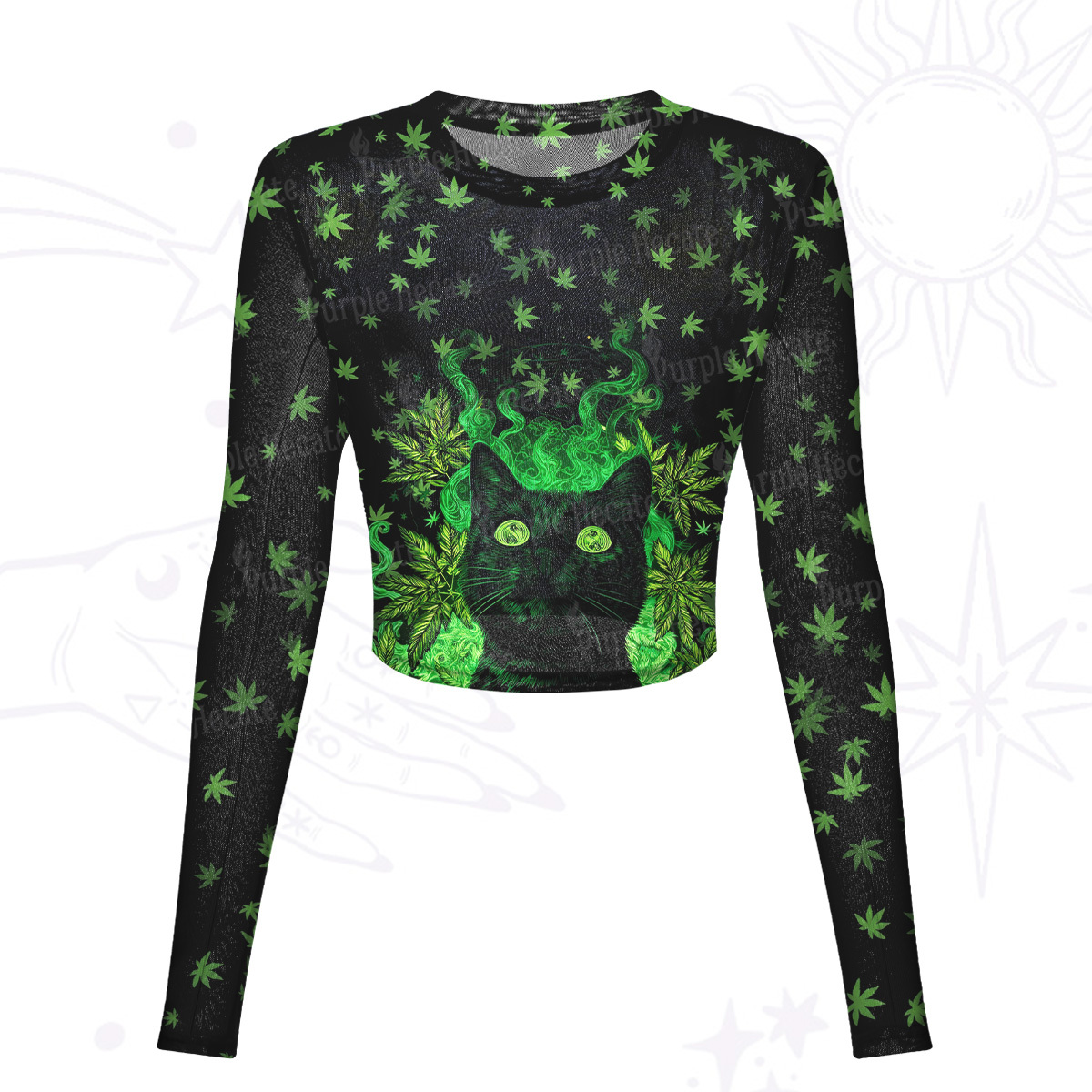 Purplehecate Trippy Glow Cat 420 Vibes Mesh Long Sleeve Crop Top