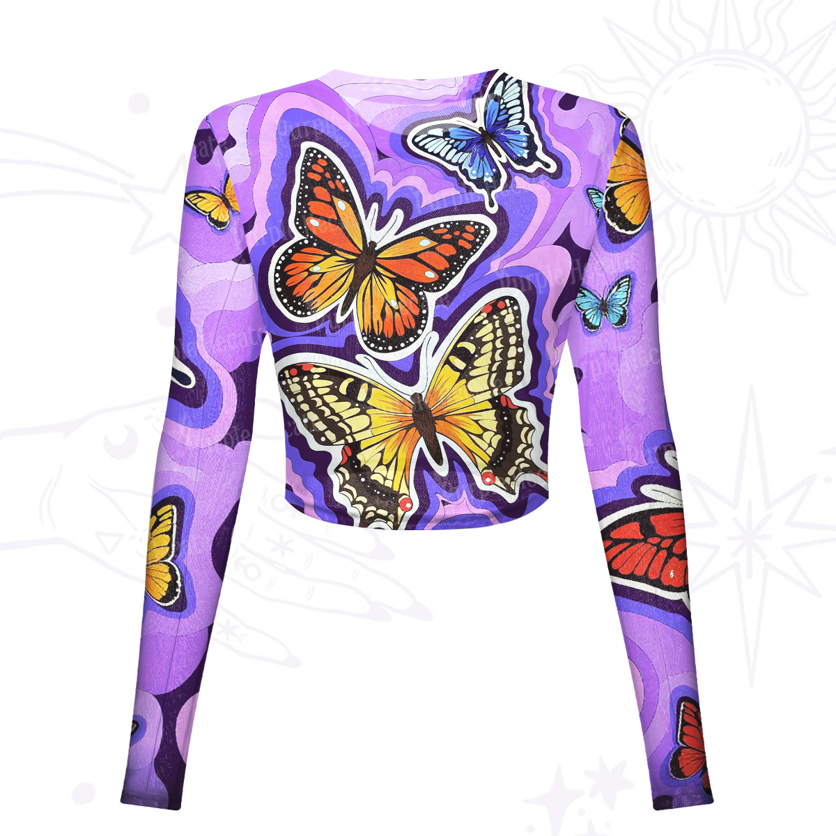 Purplehecate Psychedelic Butterfly Mesh Long Sleeve Crop Top