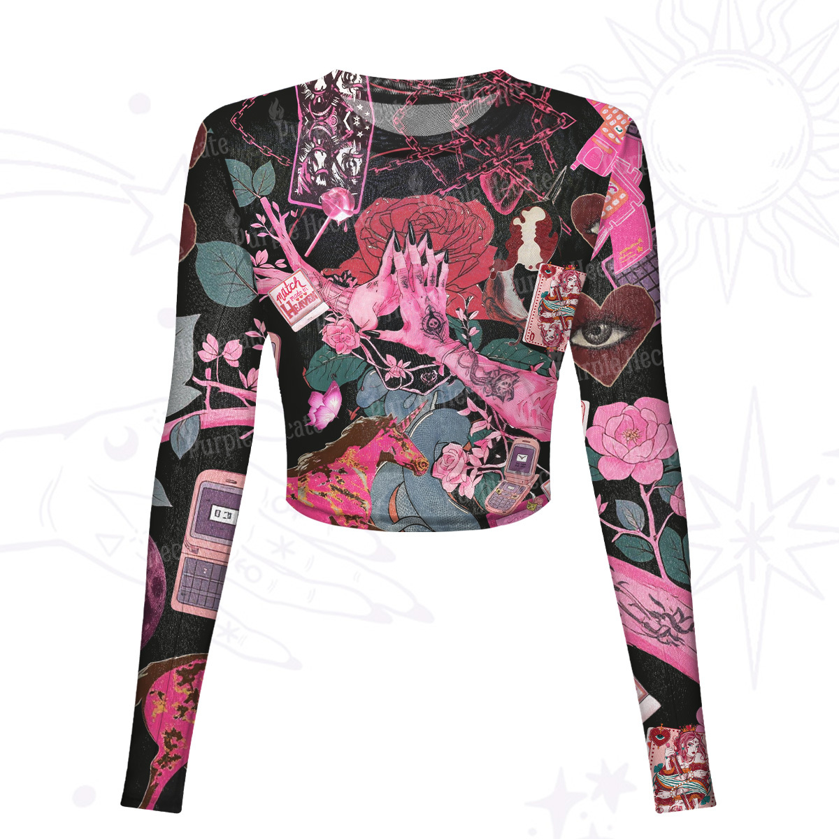 Purplehecate Pink Witch Spell Mesh Long Sleeve Crop Top