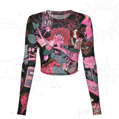 Purplehecate Pink Witch Spell Mesh Long Sleeve Crop Top