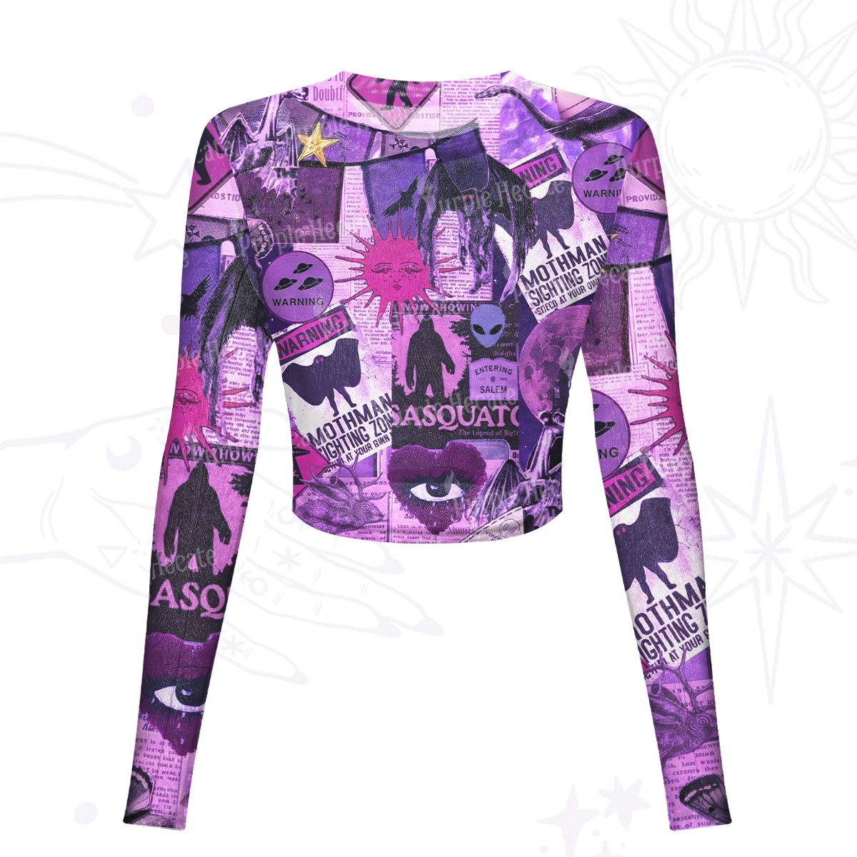 Purplehecate Cryptid Warning Collage Mesh Long Sleeve Crop Top
