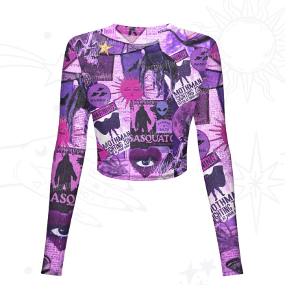 Purplehecate Cryptid Warning Collage Mesh Long Sleeve Crop Top