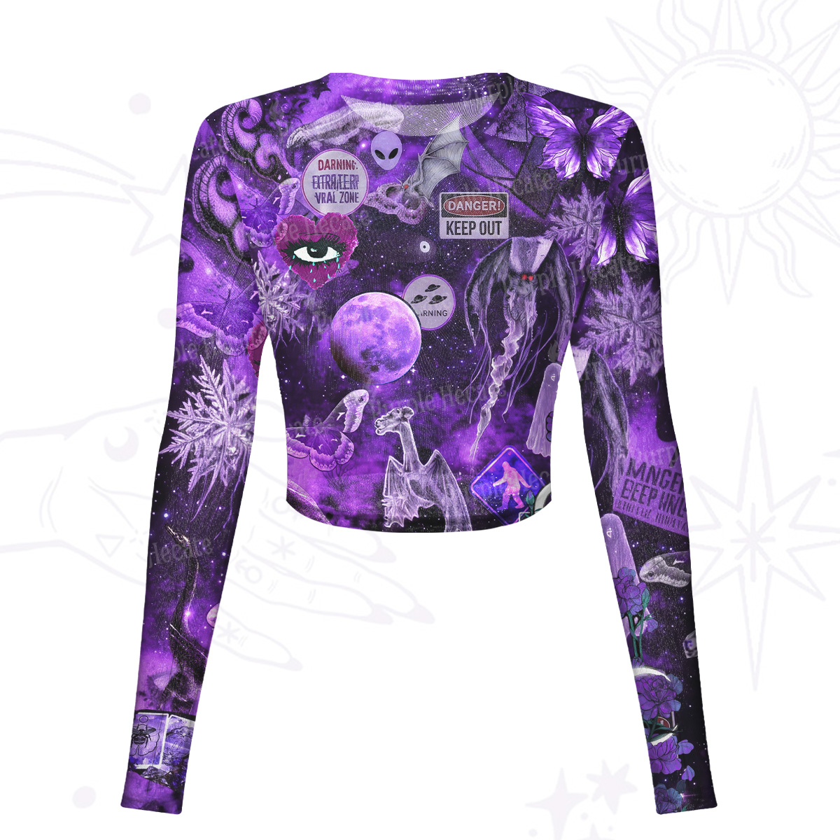 Purplehecate Cosmic Entity Purple Mesh Long Sleeve Crop Top
