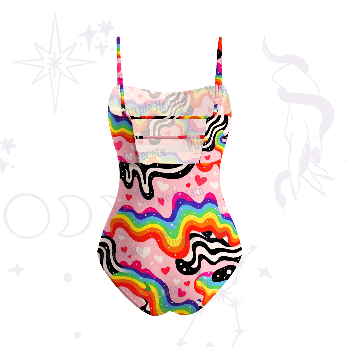 Purplehecate Groovy Melty Rainbow Hearts Wavy Slim-Strap Swimsuit